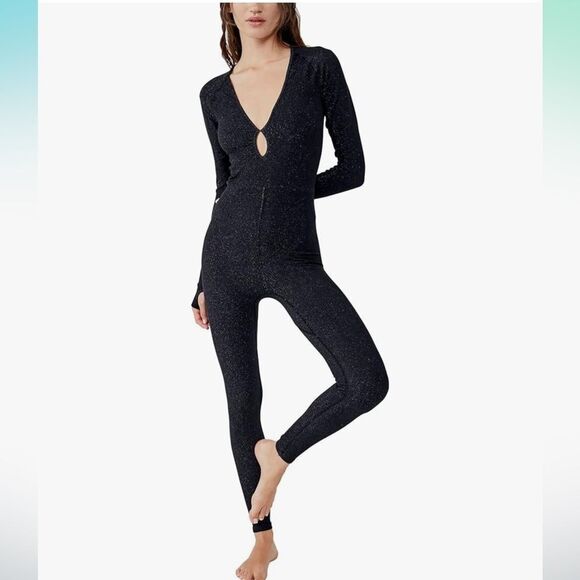 Free People Flash Forward One-Piece Onesie Black Sparkle M/L NWT‎ BODYSUIT - Picture 8 of 9